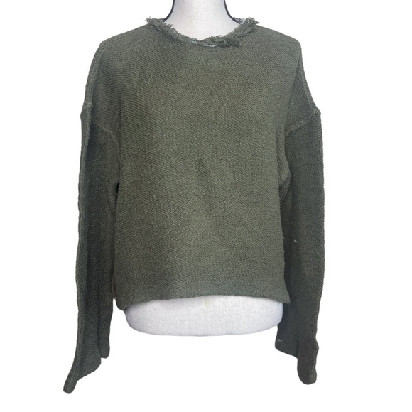 Simon Miller Army Green Terry Cloth Raw Edge Cropped Sweatshirt - Picture 1 of 9